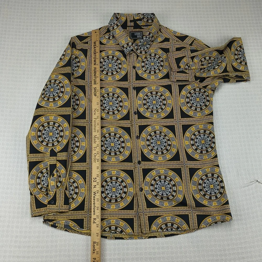 Level Ten Mens Large Black Gold Greek Key Medusa Baroque Print Button Down Shirt